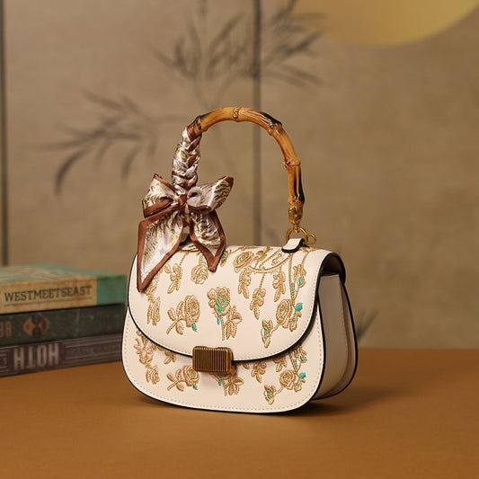 【苏绣山茶花手提马鞍包】中国非遗文化