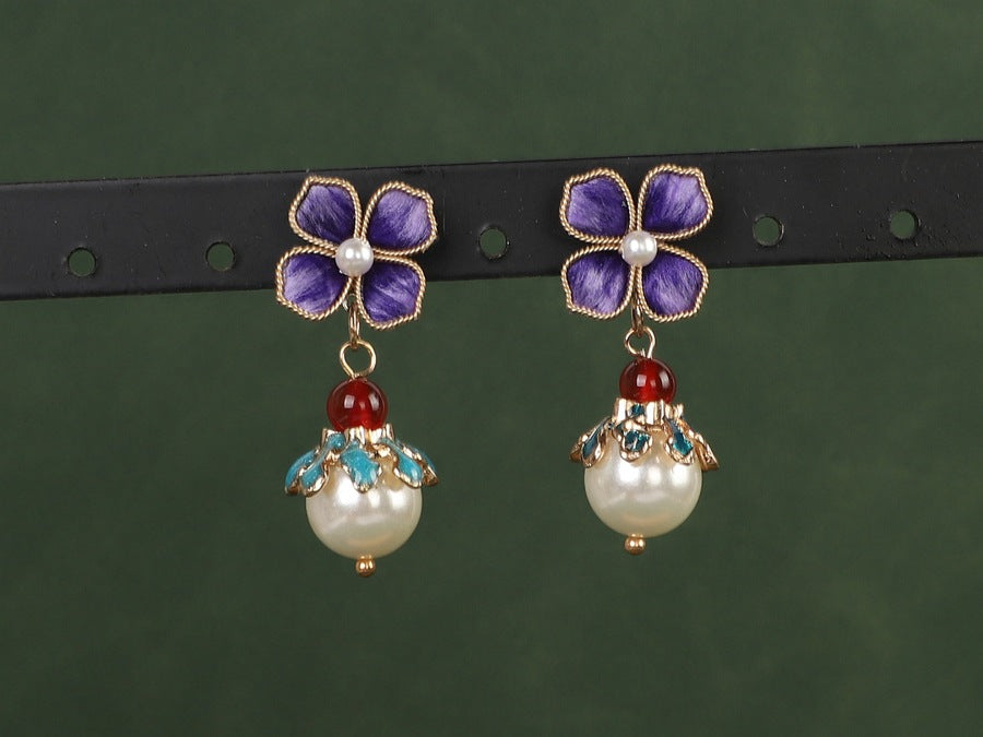 【原创手工蚕丝绒花耳环白珍珠】中国非遗文化