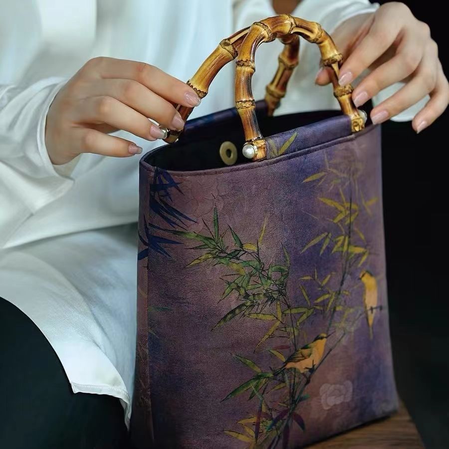 【紫色喜鹊鸟树枝手提包】 中式复古手工包包
