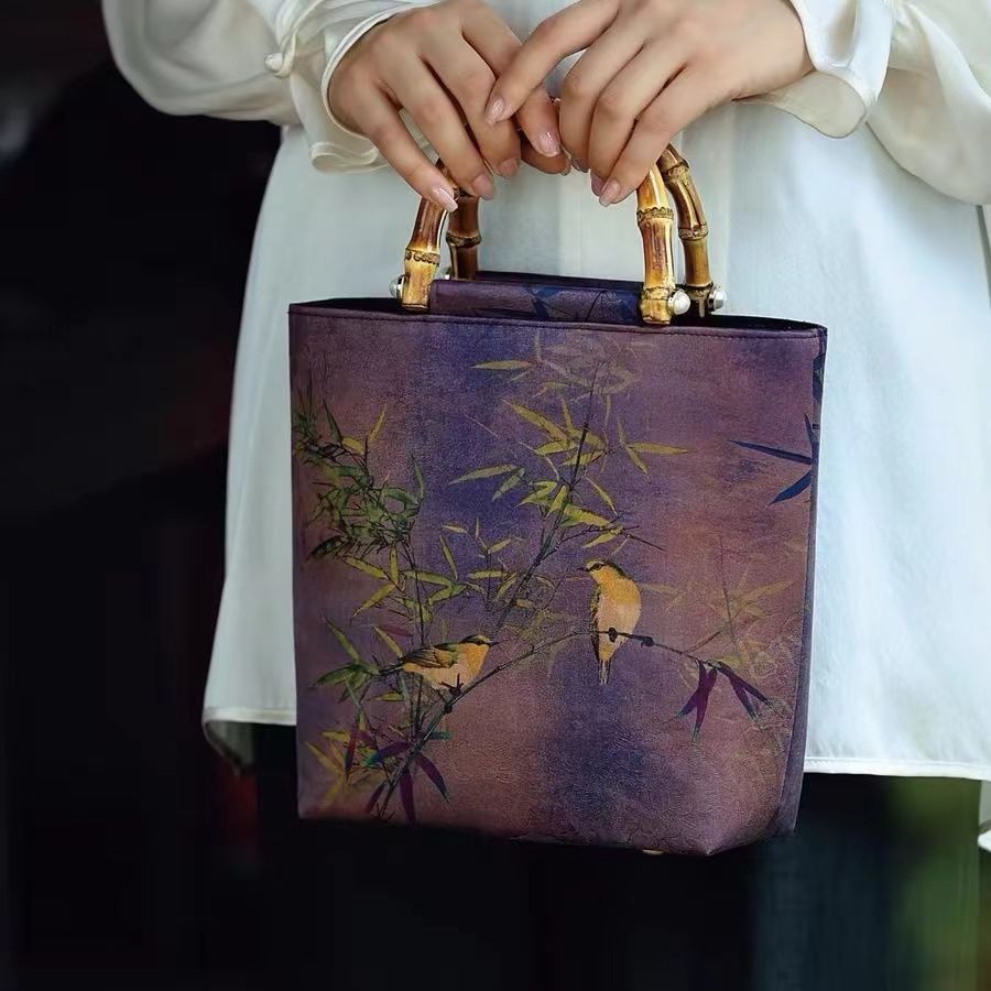 【紫色喜鹊鸟树枝手提包】 中式复古手工包包