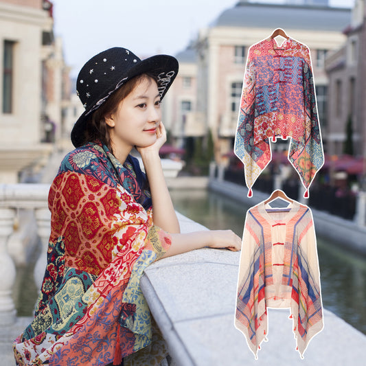 【夏季旅游民族风棉麻披肩】沙滩防晒 日常空调丝巾