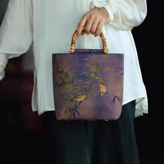 【紫色喜鹊鸟树枝手提包】 中式复古手工包包