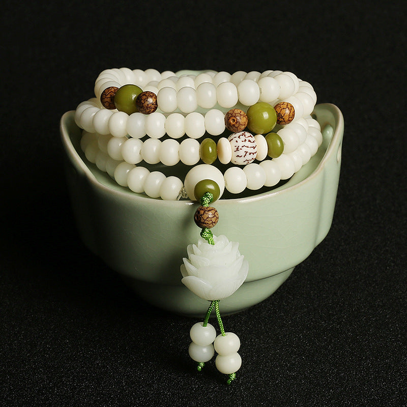 [Enlightenment and Protection] Natural White Jade Bodhi Lotus Rosary Harmony Necklace Bracelet 108 Beads