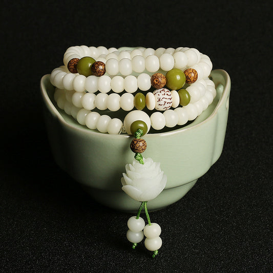 [Enlightenment and Protection] Natural White Jade Bodhi Lotus Rosary Harmony Necklace Bracelet 108 Beads