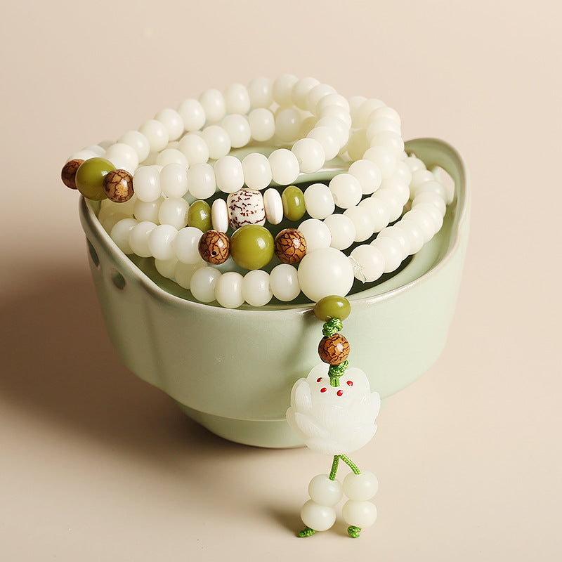 [Enlightenment and Protection] Natural White Jade Bodhi Lotus Rosary Harmony Necklace Bracelet 108 Beads
