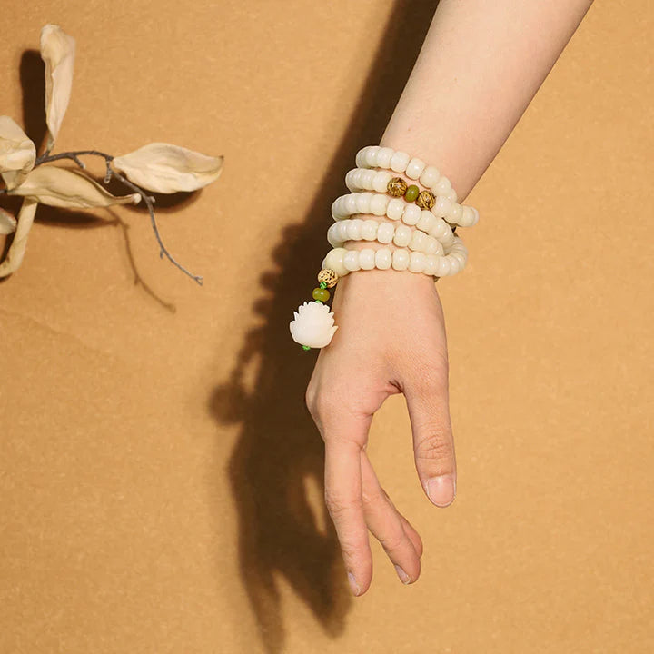 [Enlightenment and Protection] Natural White Jade Bodhi Lotus Rosary Harmony Necklace Bracelet 108 Beads