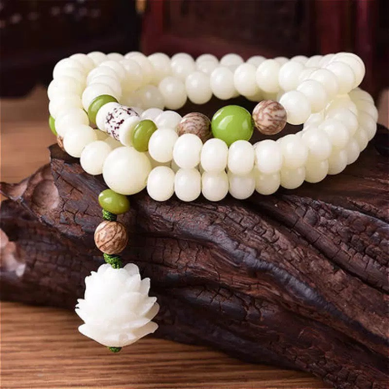 [Enlightenment and Protection] Natural White Jade Bodhi Lotus Rosary Harmony Necklace Bracelet 108 Beads