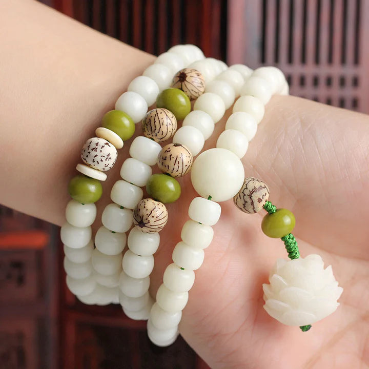 [Enlightenment and Protection] Natural White Jade Bodhi Lotus Rosary Harmony Necklace Bracelet 108 Beads