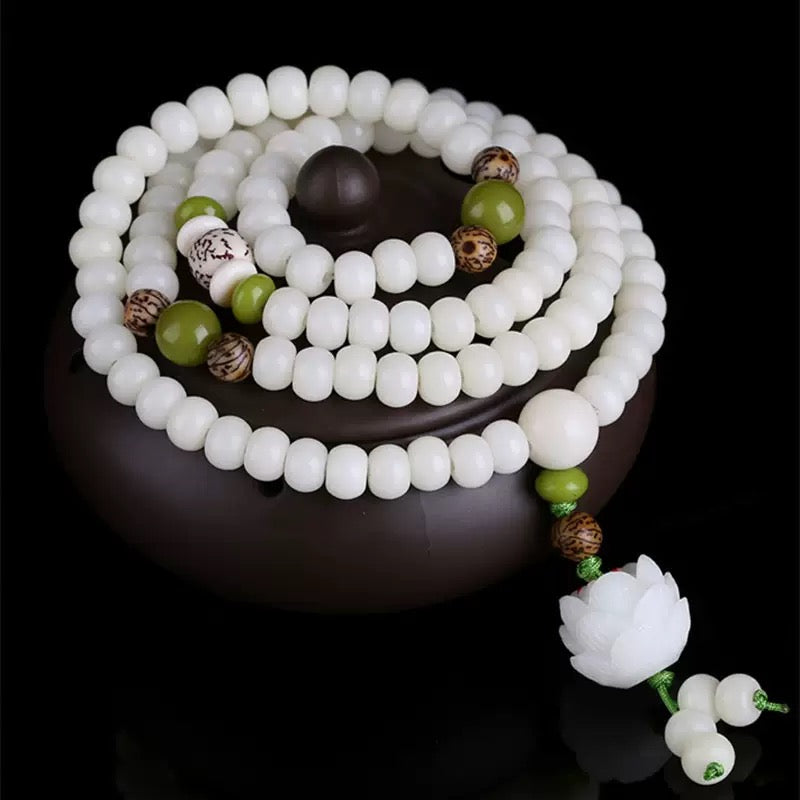 [Enlightenment and Protection] Natural White Jade Bodhi Lotus Rosary Harmony Necklace Bracelet 108 Beads