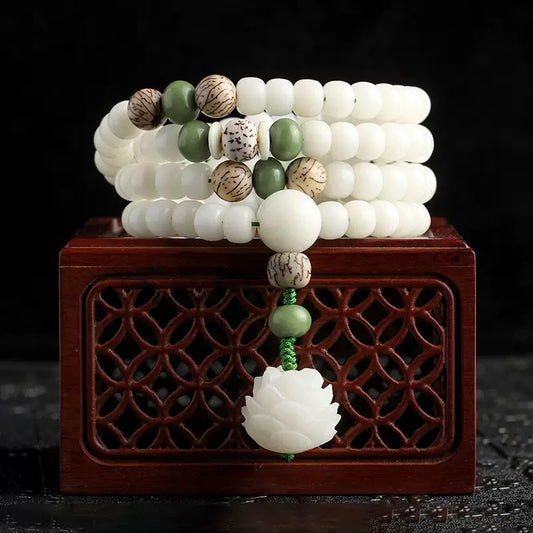 [Enlightenment and Protection] Natural White Jade Bodhi Lotus Rosary Harmony Necklace Bracelet 108 Beads